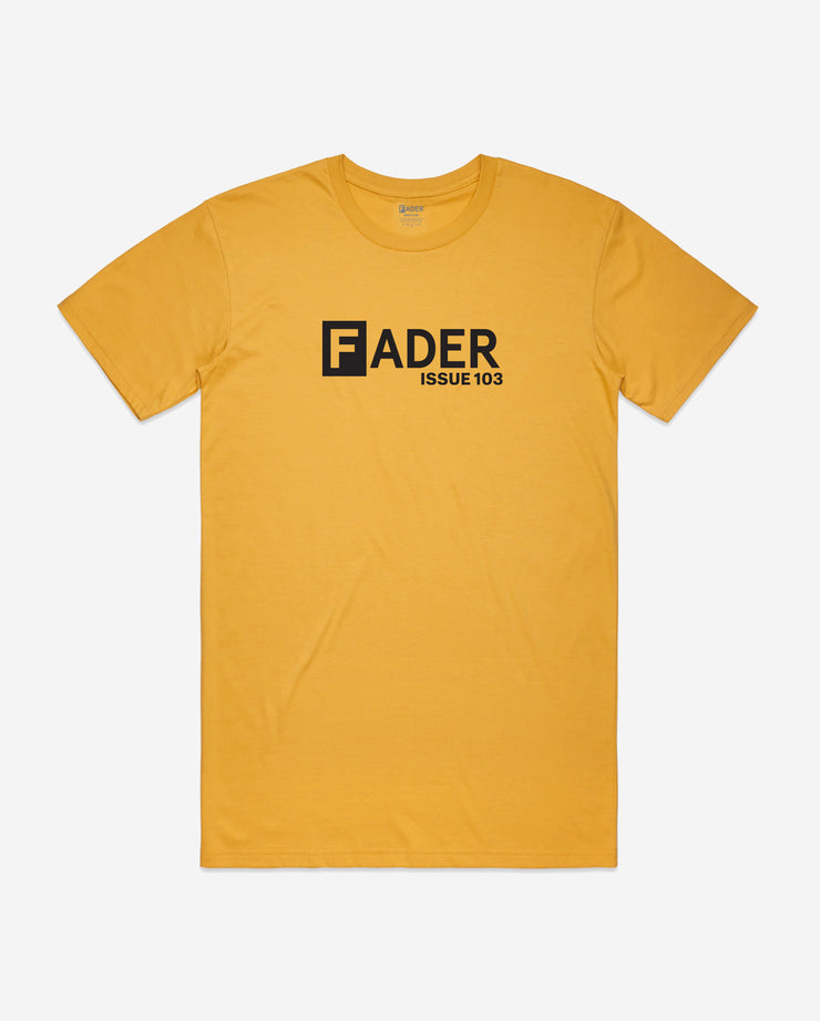 黄色t恤前面与FADER标志和“第103期”下面