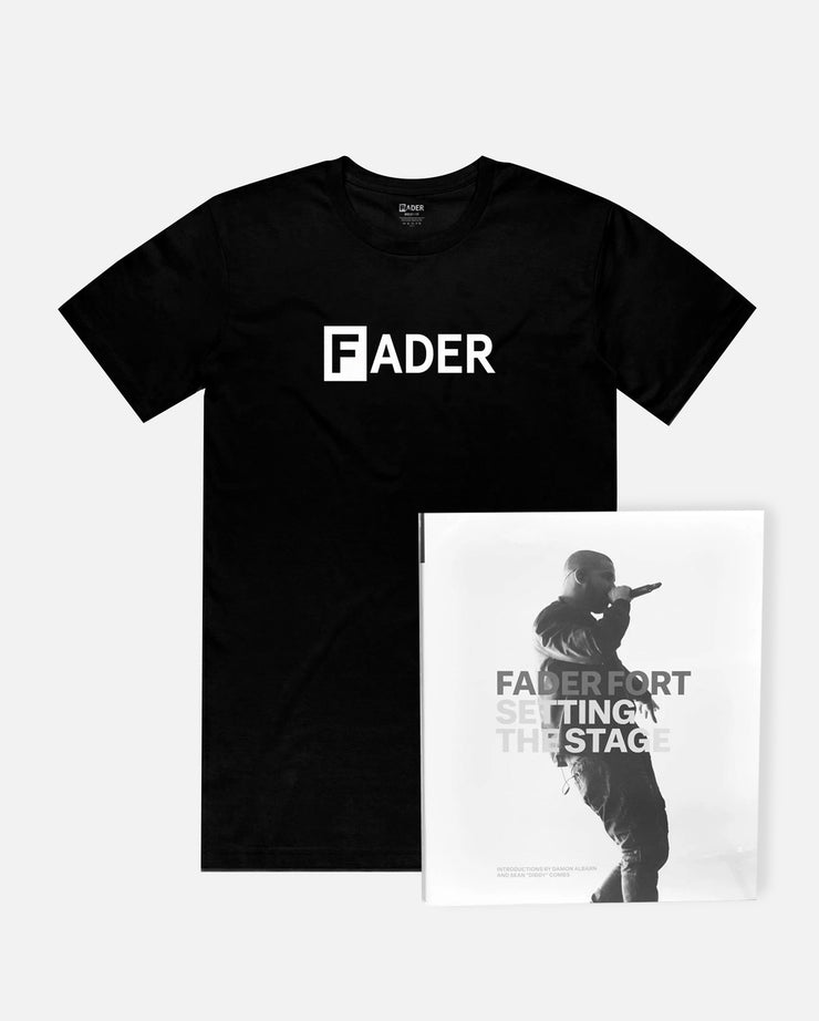 黑色t恤与FADER标志和FORT书