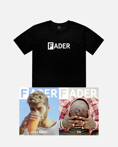 黑色t恤与FADER标志和FADER问题101杂志