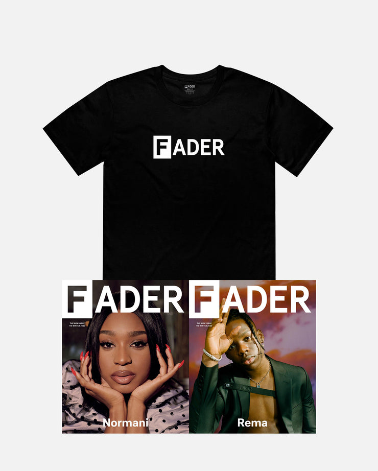 黑色t恤与FADER标志和FADER杂志第119期诺玛尼/雷玛封面