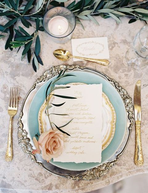 Table Setting Vintage Weddings Olympic Gold and Jewelry