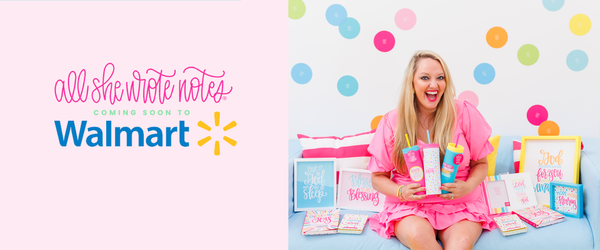 ALL-SHE-WROTE-NOTES-FOR-WALMART-GIRL-IN-PINK-DRESS-WITH-COLORFUL-GIFT-ITEMS