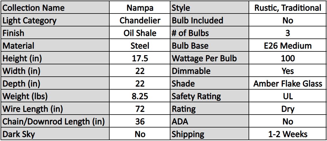 Nampa 3L Chandelier Light Specifications | The Cabin Shack