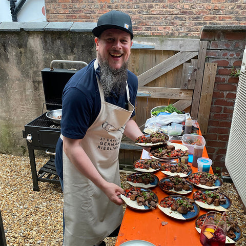 Reserve Wines' Gavin cooking up a BBQ treat at a Didsbury wine tasting Manchester