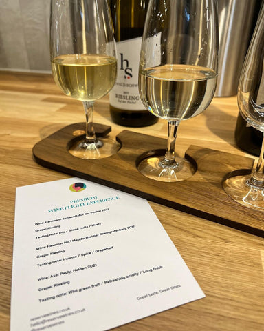 A flight of Riesling white wine tasting at Reserve Wines Didsbury