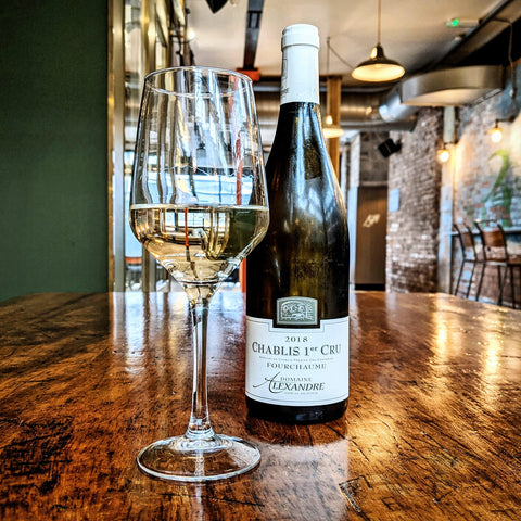 Domaine Alexander Chablis Premier Cru Fourchaume bottle and poured glass at Mackie Mayor
