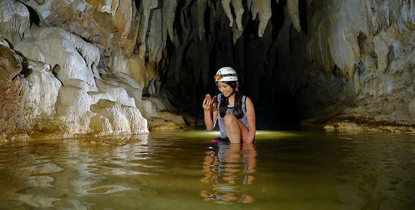 Rachel Grant exploring a cave in Mabini