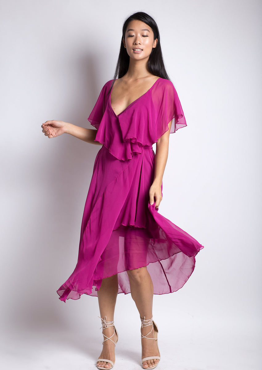 pink chiffon wrap dress