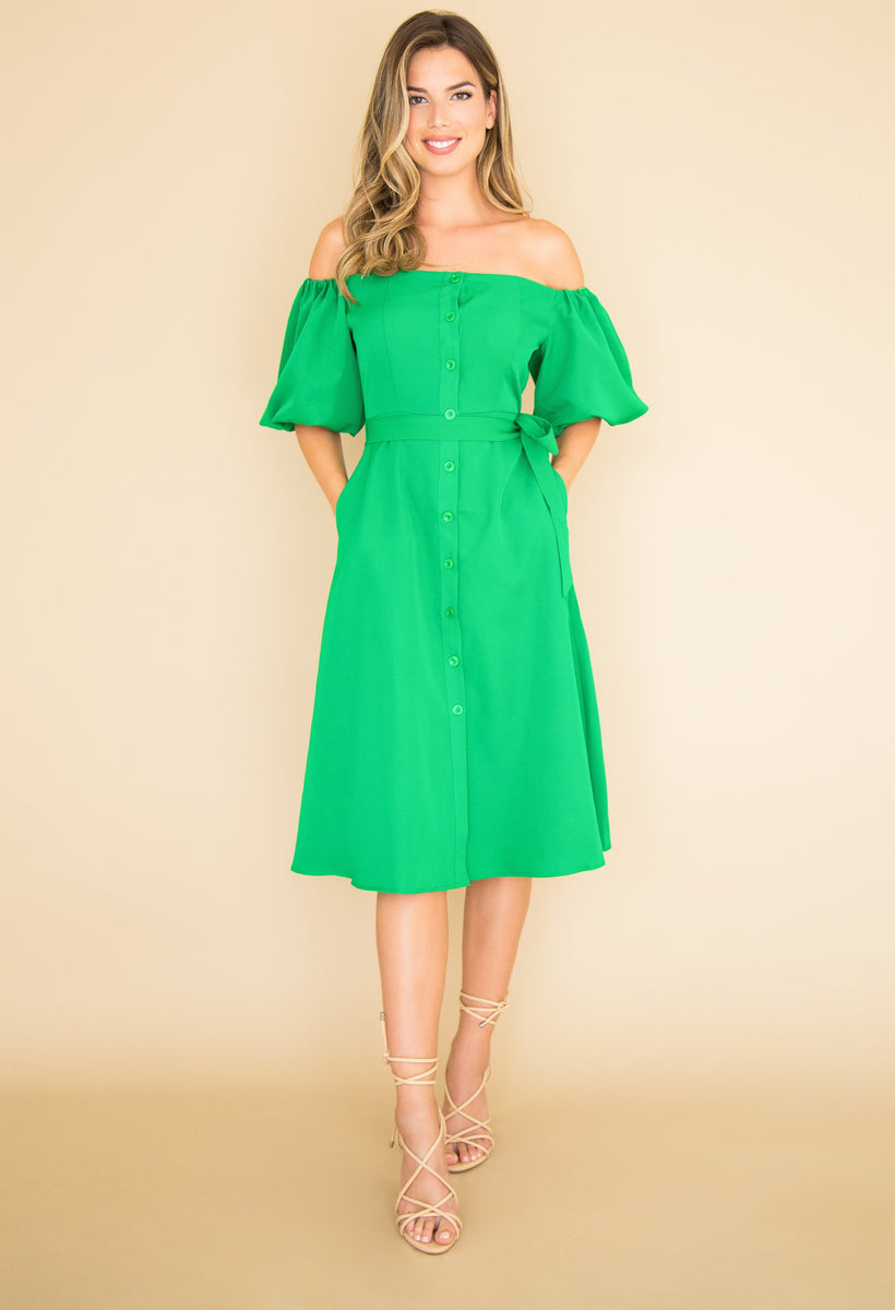 off the shoulder green midi dress