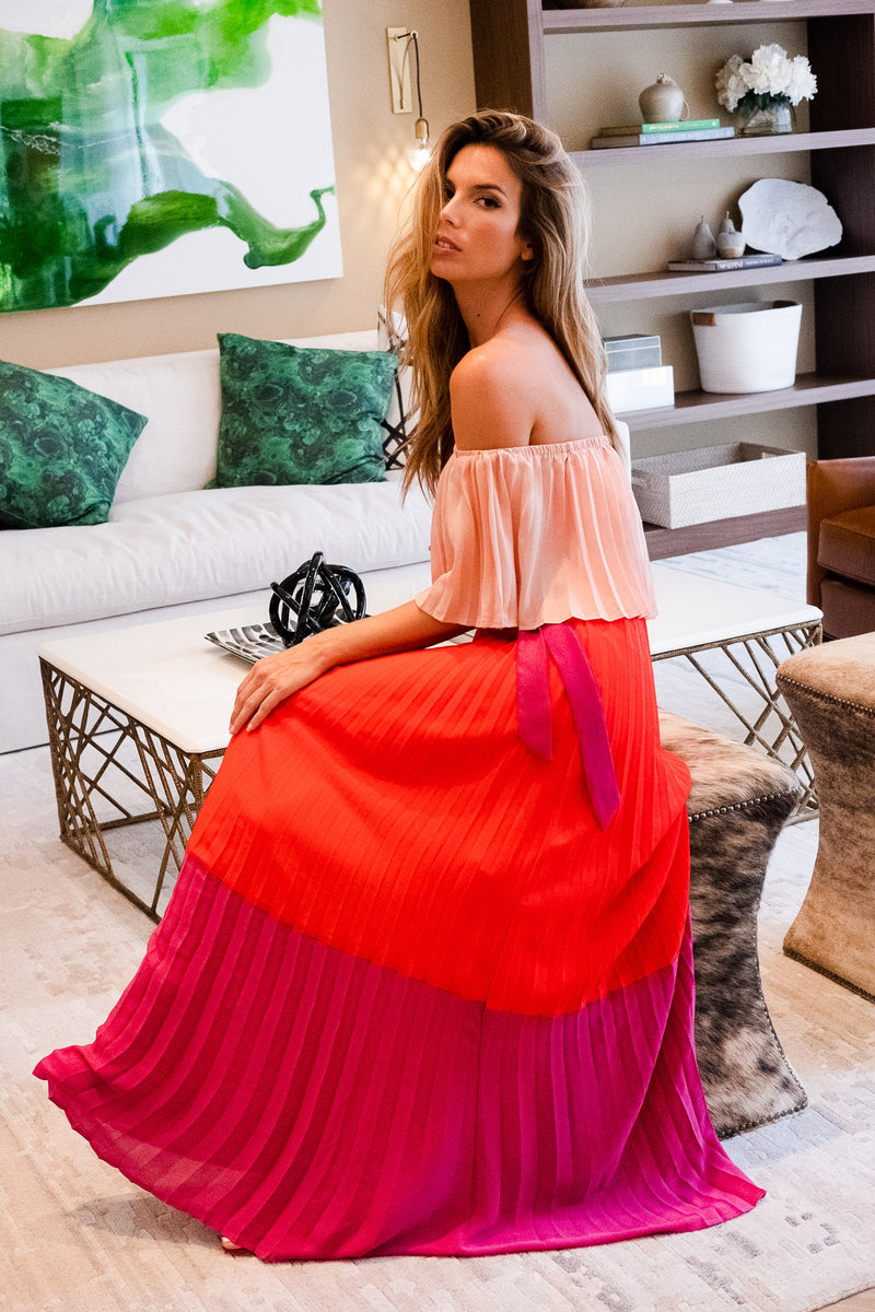 off shoulder pleated maxi dress