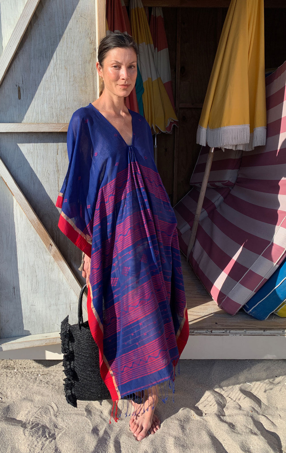 Blue Caftan with Red woven details-