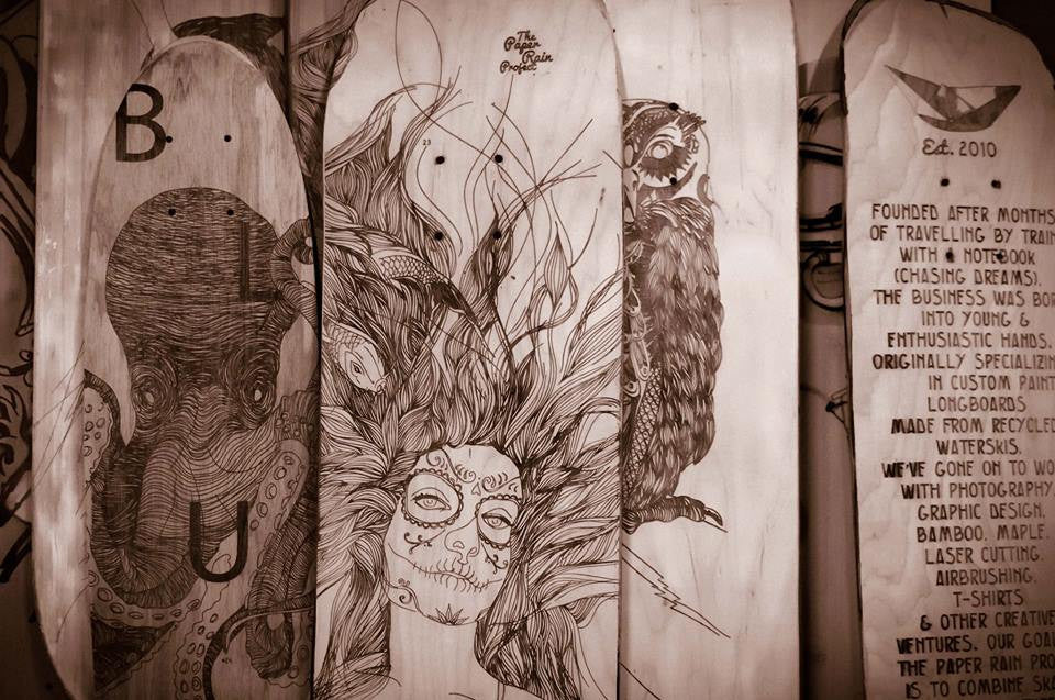 Laser etched, art, longboards, skateboards, octopus, maple, bamboo, The Paper Rain Project, New Zealand