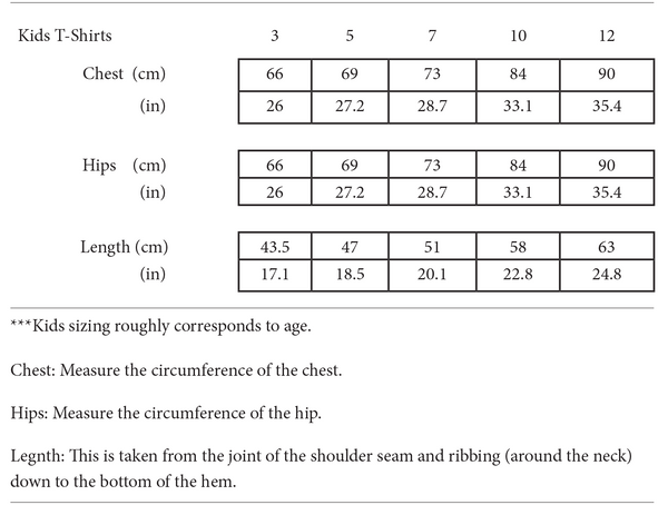 Kids sizing chart