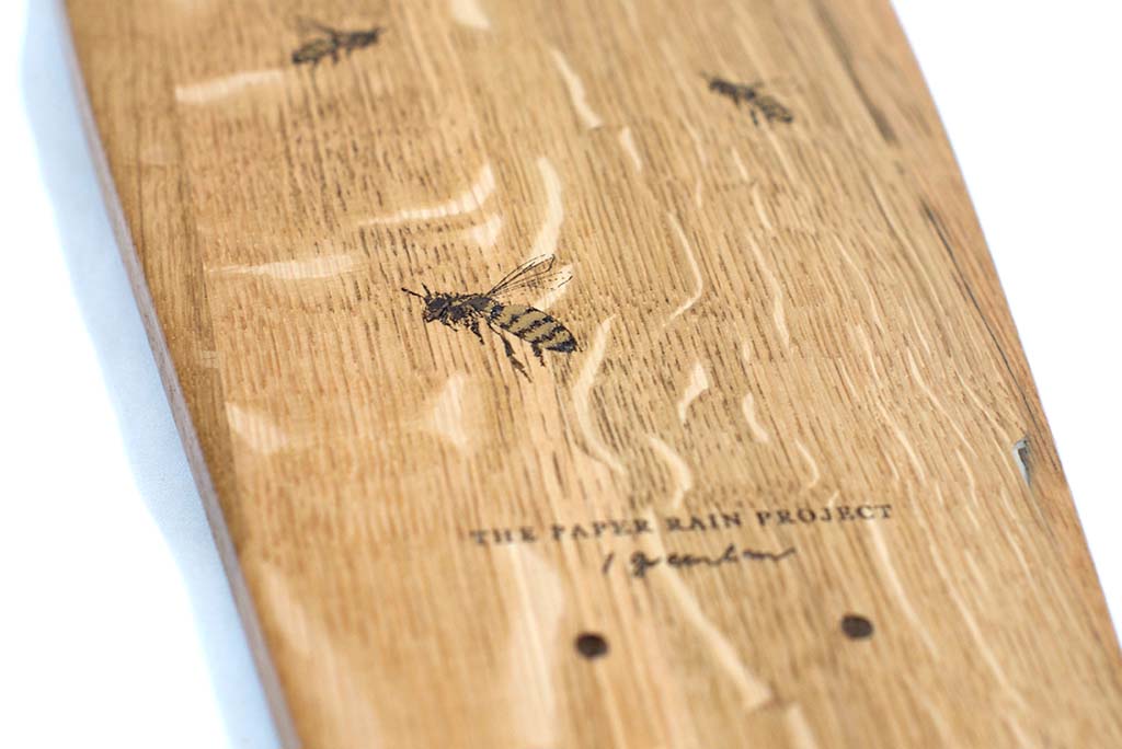 'Swarm', Save the bees, recycled wine barrel longboard art, cause, The Paper Rain Project