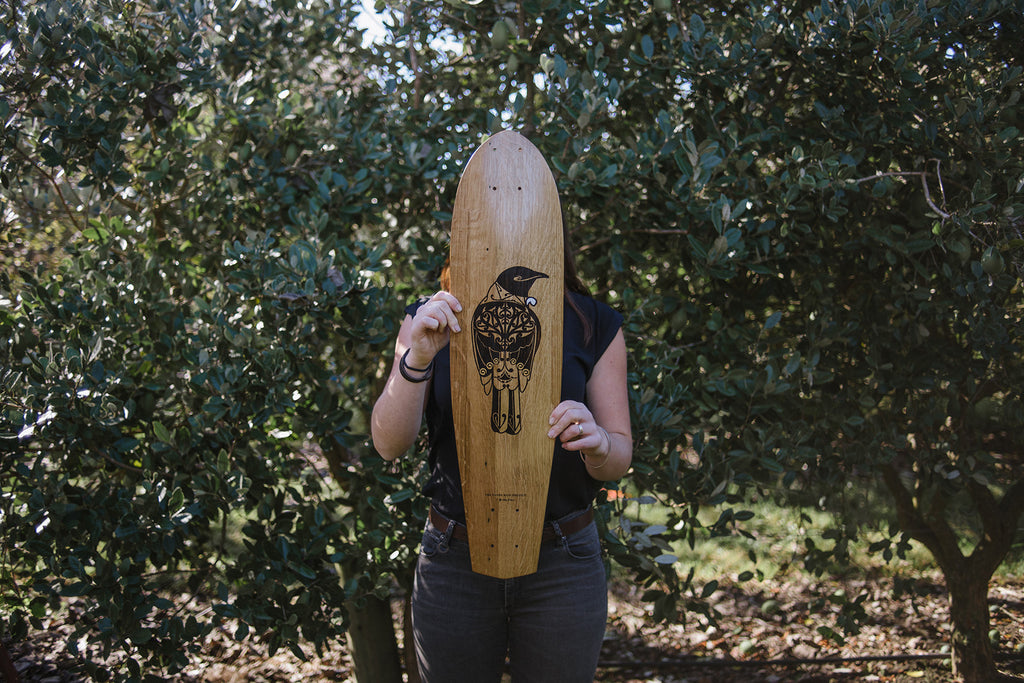 'Guiana' wine-barrel longboard for The Paper Rain Project (artwork by Indigo Greenlaw, built by William Rowe)