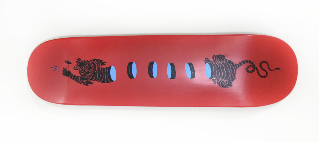 Gina Kiel, skateboard, art, red, sushi, happy time, tiger, artist, board art, New Zealand, The Paper Rain Project