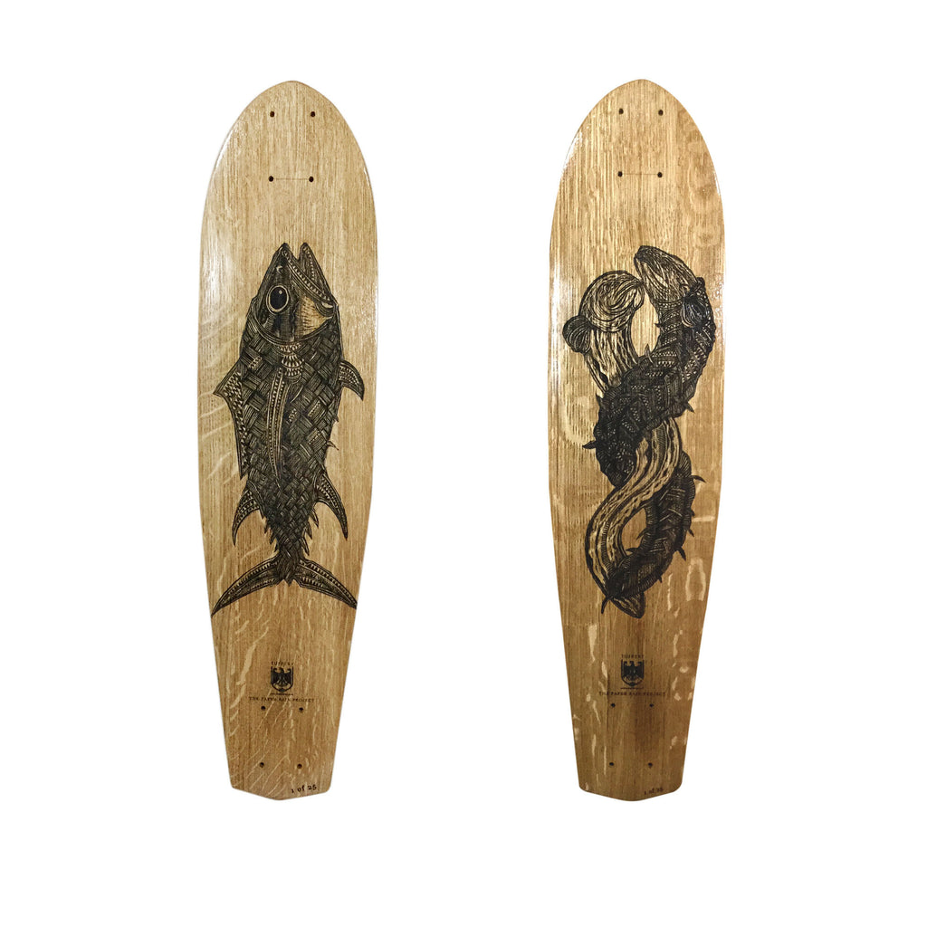 Michel Tuffery, The Paper Rain Project, Longboard, Skateboard, Art, Wood, Etched