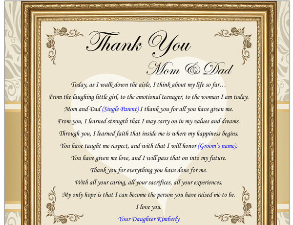 Thank you gifts for parents on wedding day from bride groom daughter