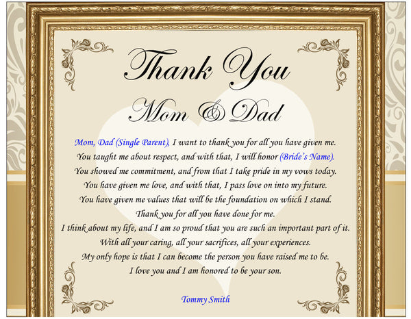 Thank You Gifts for the Parents Bride Groom Mom Dad Frame