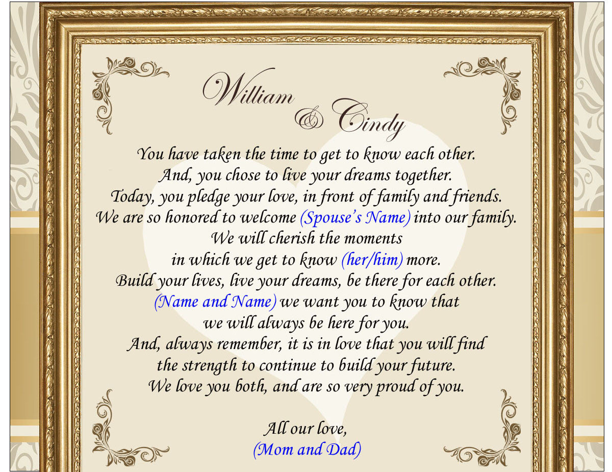 Personalized Parents Gift to Bride & Groom Wedding Congratulation Poem