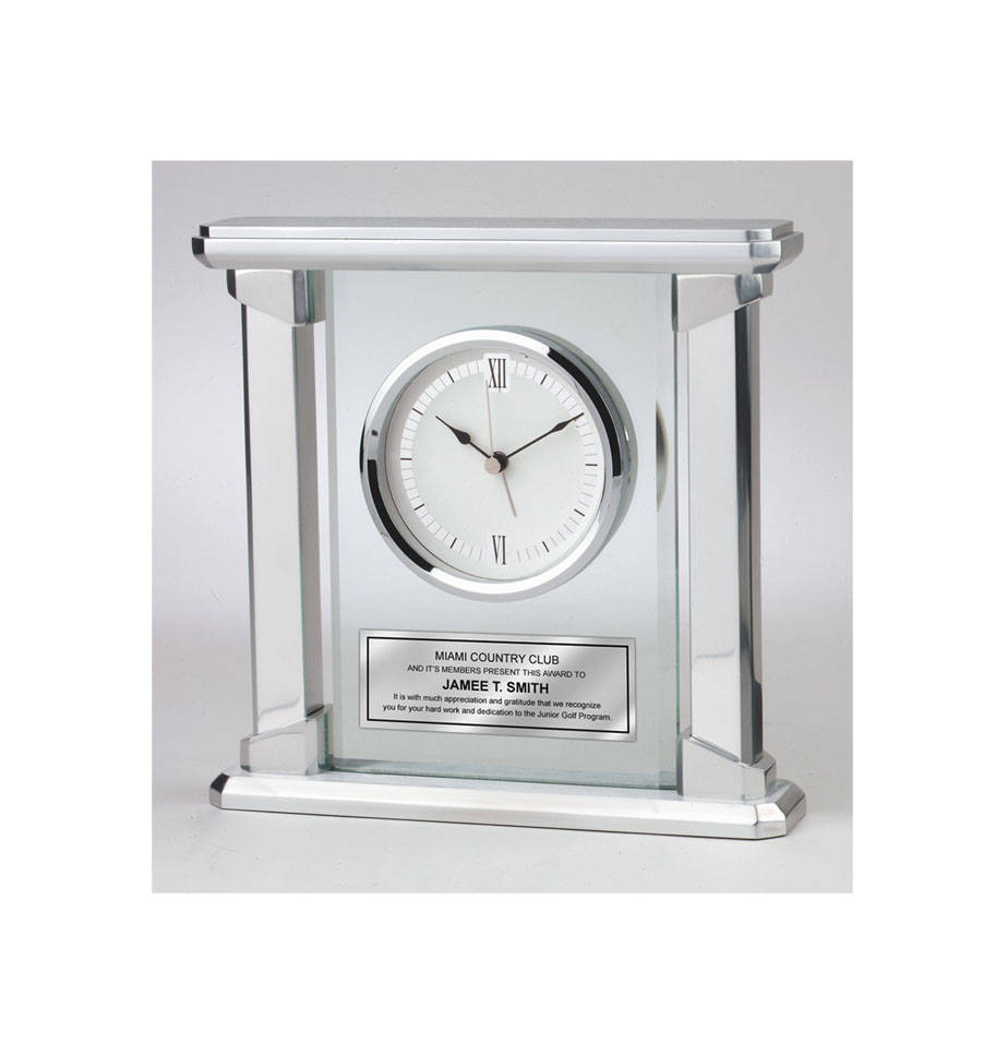 Personalized Brush Silver Desk Clock Glass Panel Concentric Platinum S