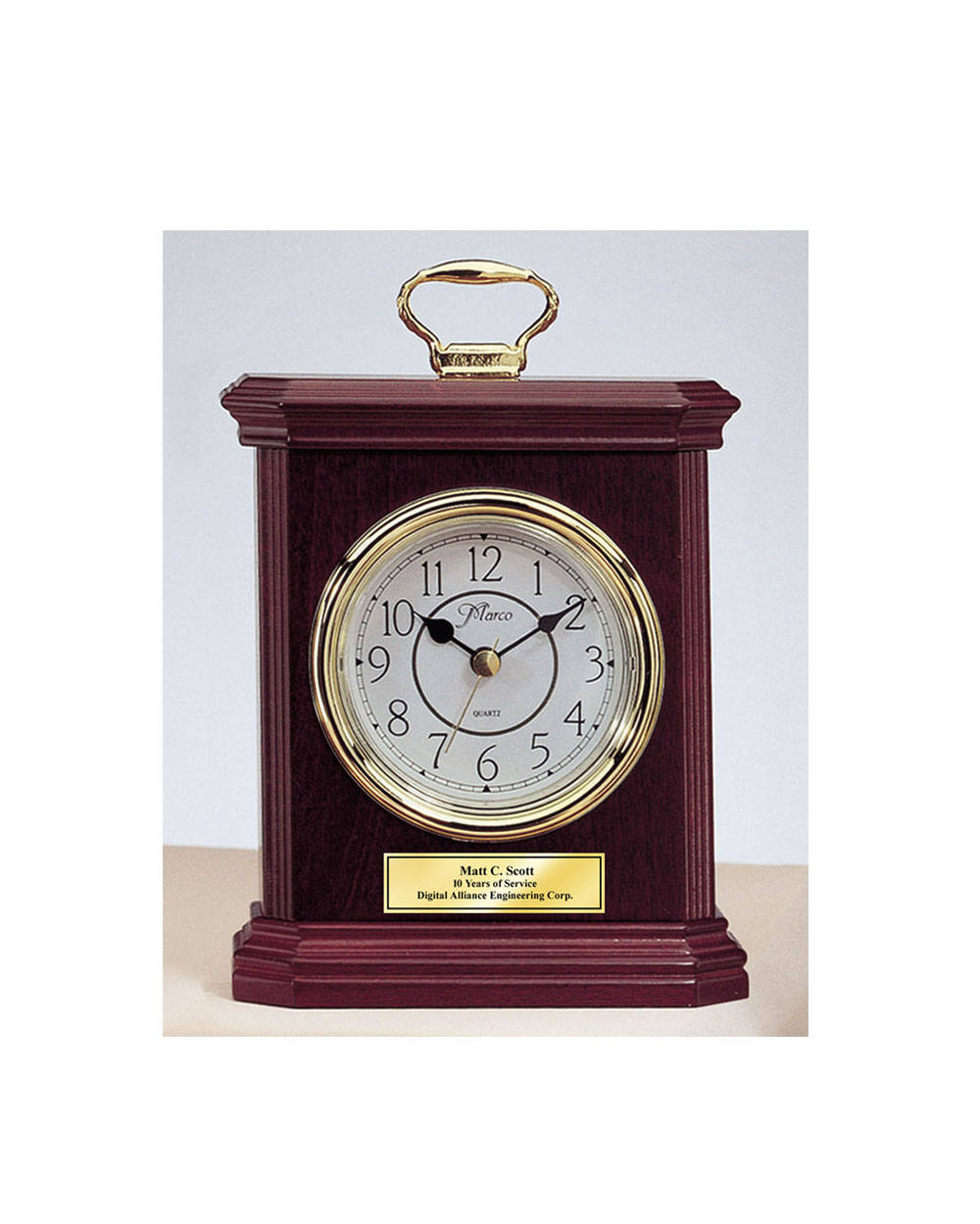 Engraved Wood Desk Clock Carriage Gold Handle With Gold Engraving Plat