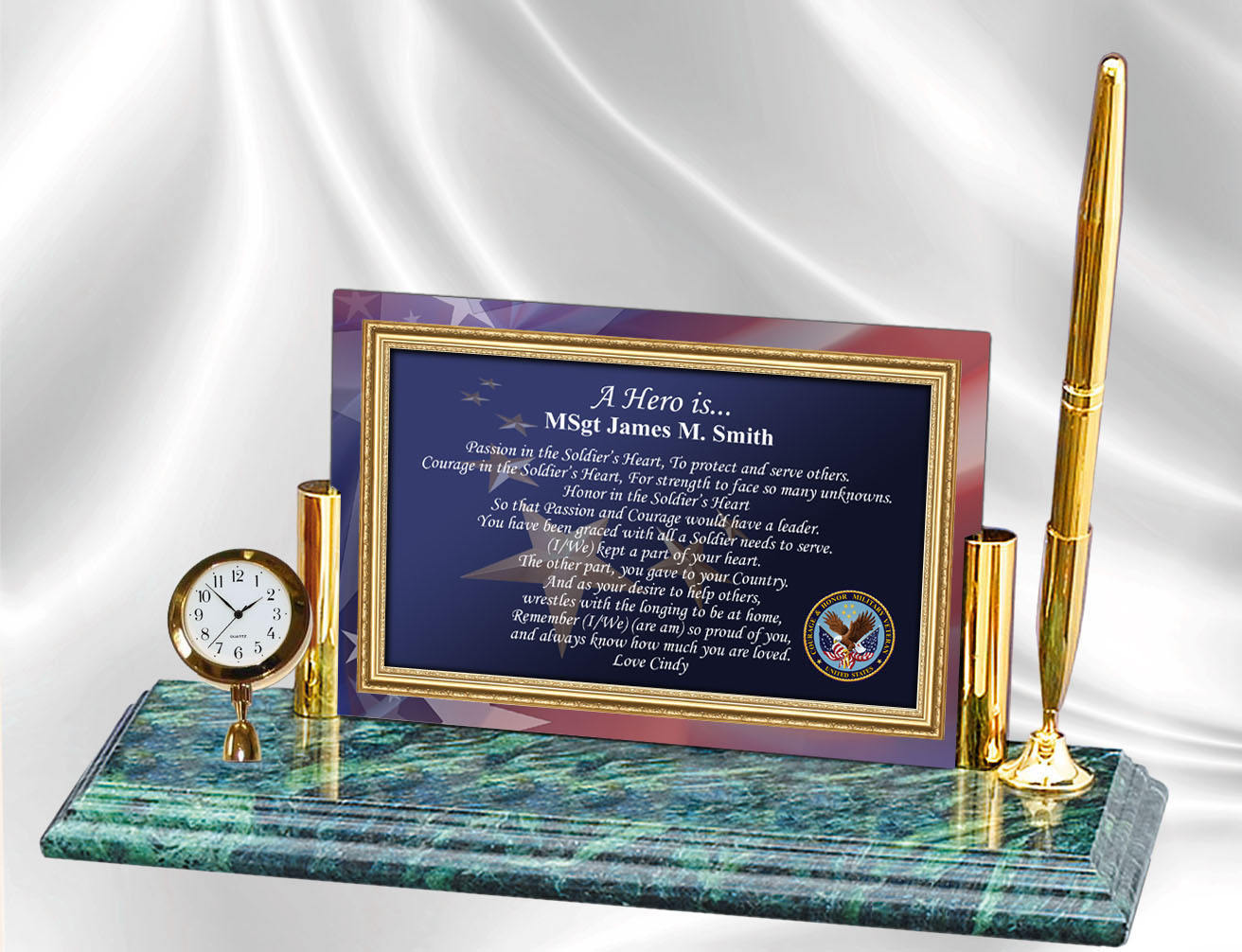 Personalized Military Gift Poetry Mini Clock Pen Marble