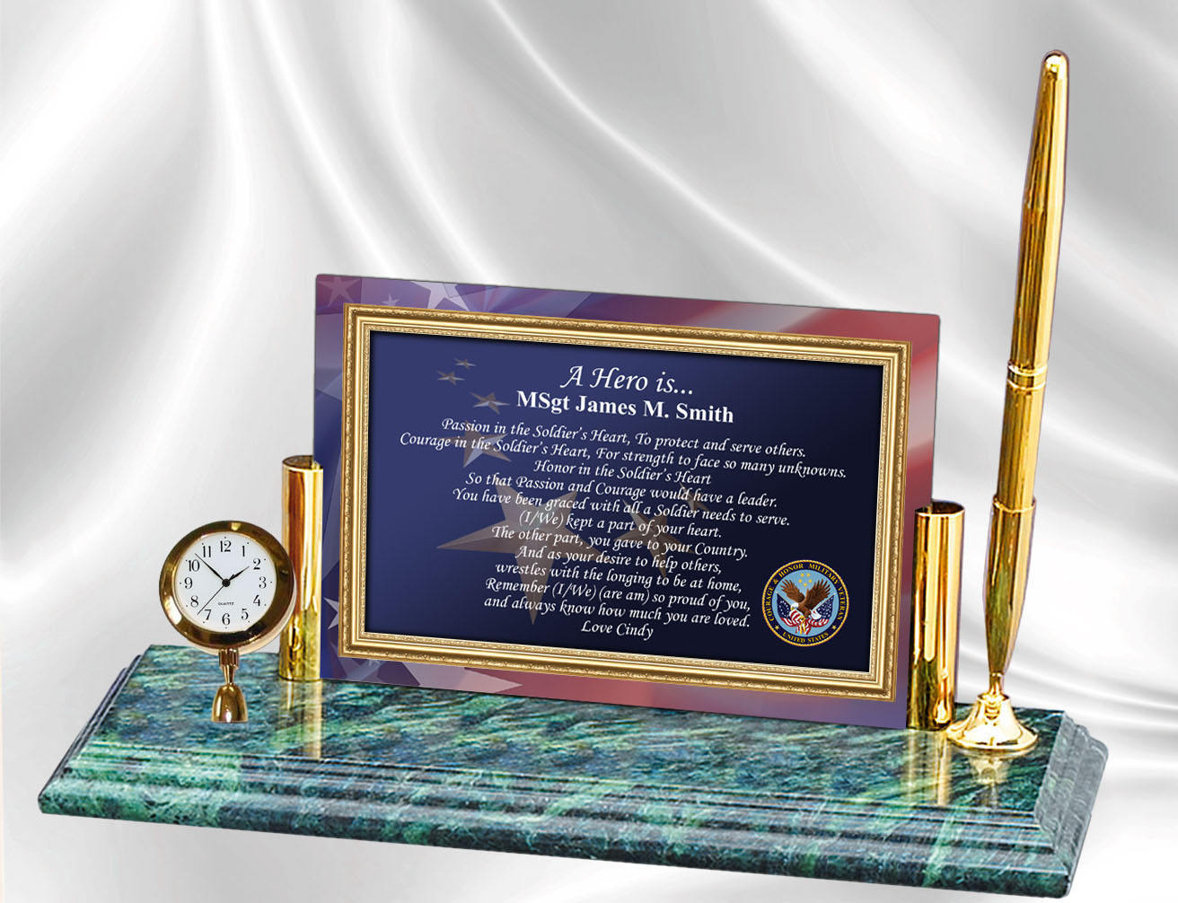 Personalized Military Gift Poetry Mini Clock Pen Marble Base Retirement Promotion Uscg Usmc Usn Navy Army Air Force Usaf Marines Vet