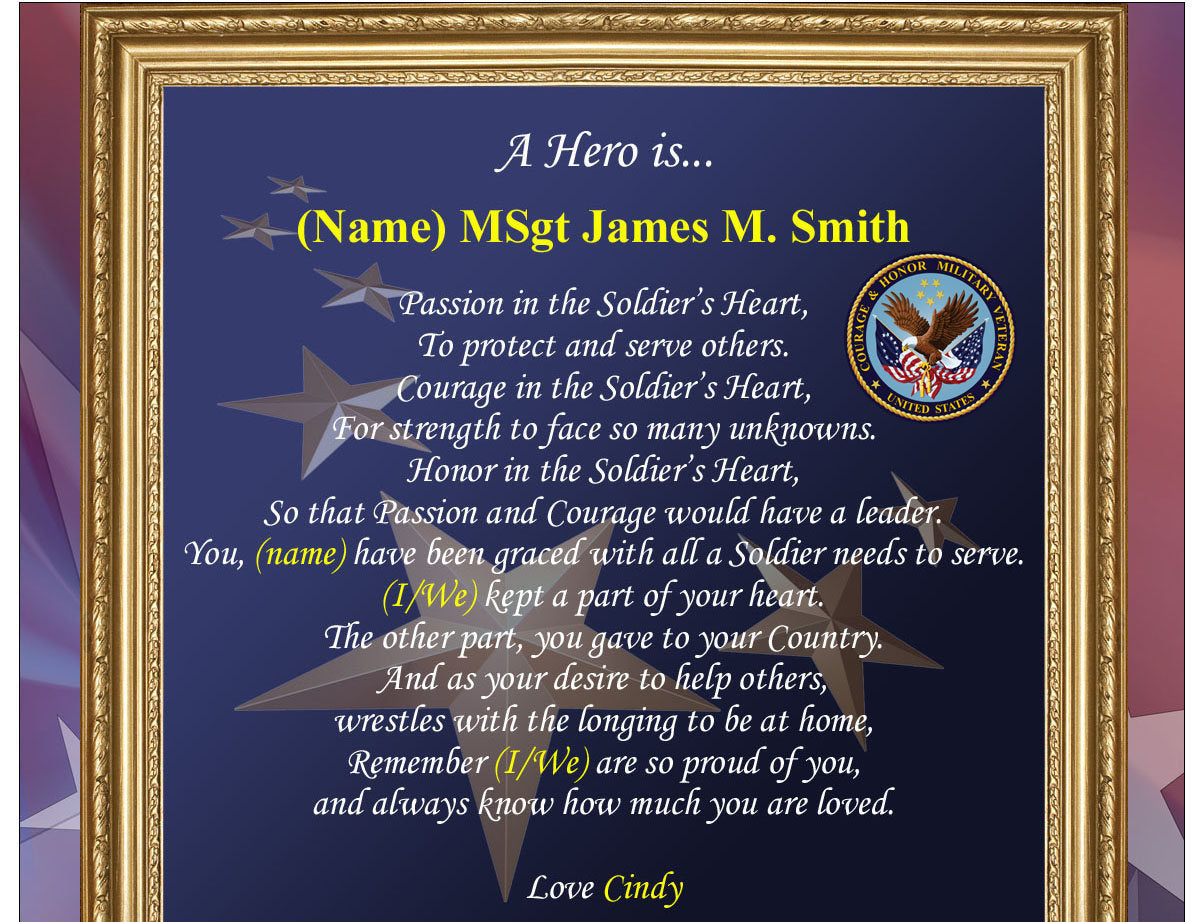 Military Veteran Retirement Gift Service Award Wall Frame Solr Personalized Poetry Plaque Homecoming Away Usmc Navy Usaf Army