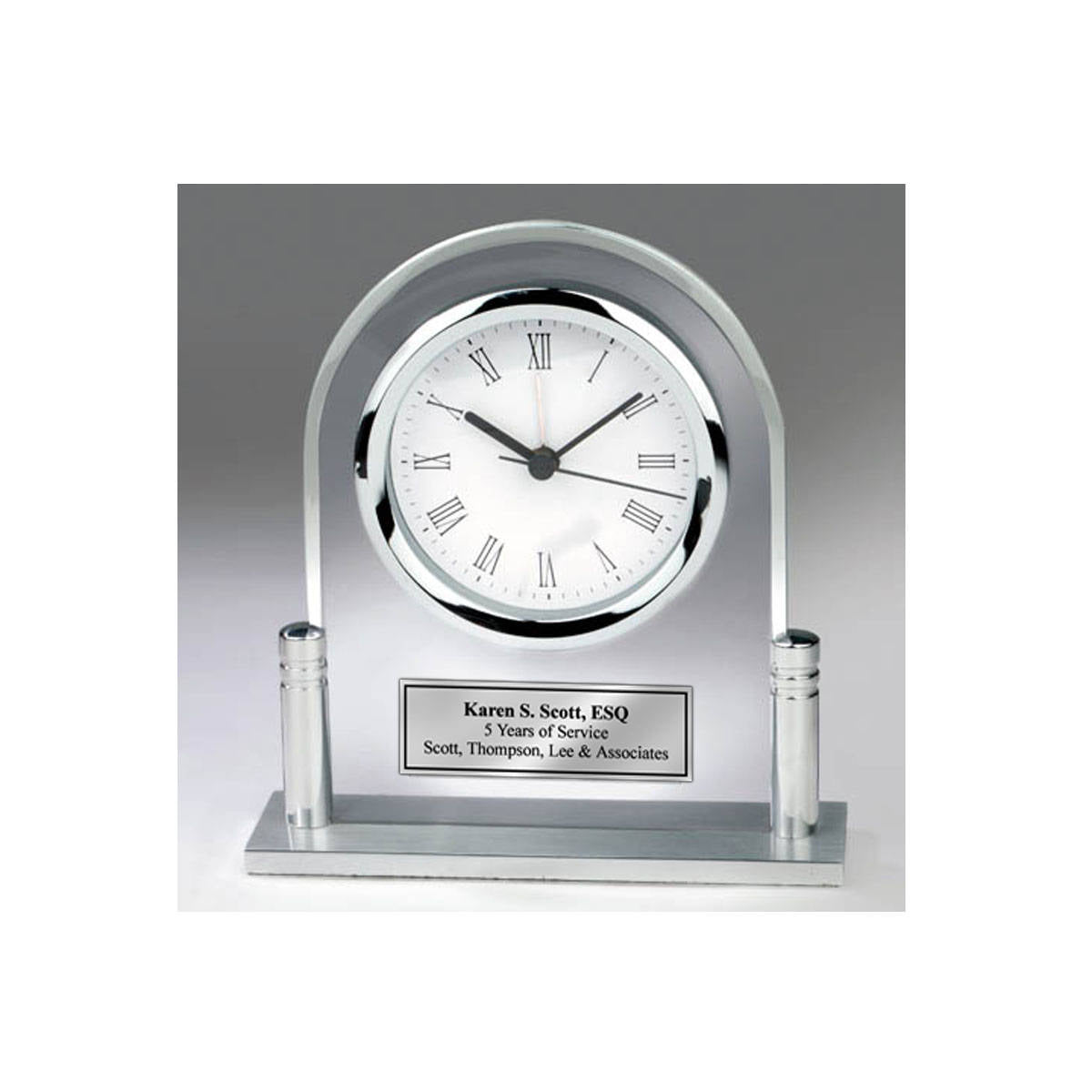 Personalized Desk Clock Acrylic Arch Metal Silver Post And Silver Engr