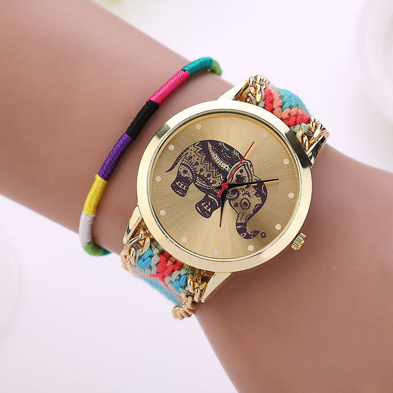 Women Girl Handmade Weaved Braided Elephant Bracelet Dial Quarzt Watch