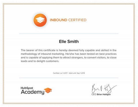 Hubspot Academy Certificate of Inbound Marketing achieved by Elle Smith Inspired By Elle
