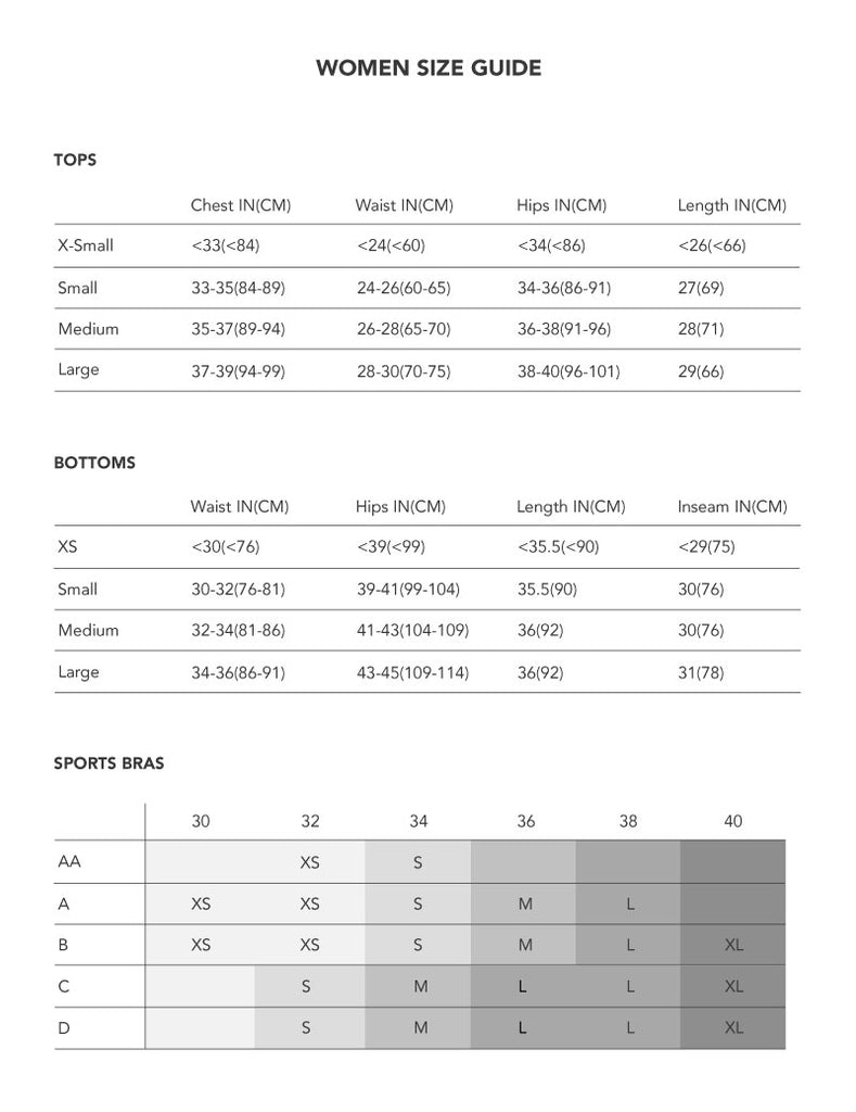 Sizing Chart | Performance Gym Apparel - Jed North