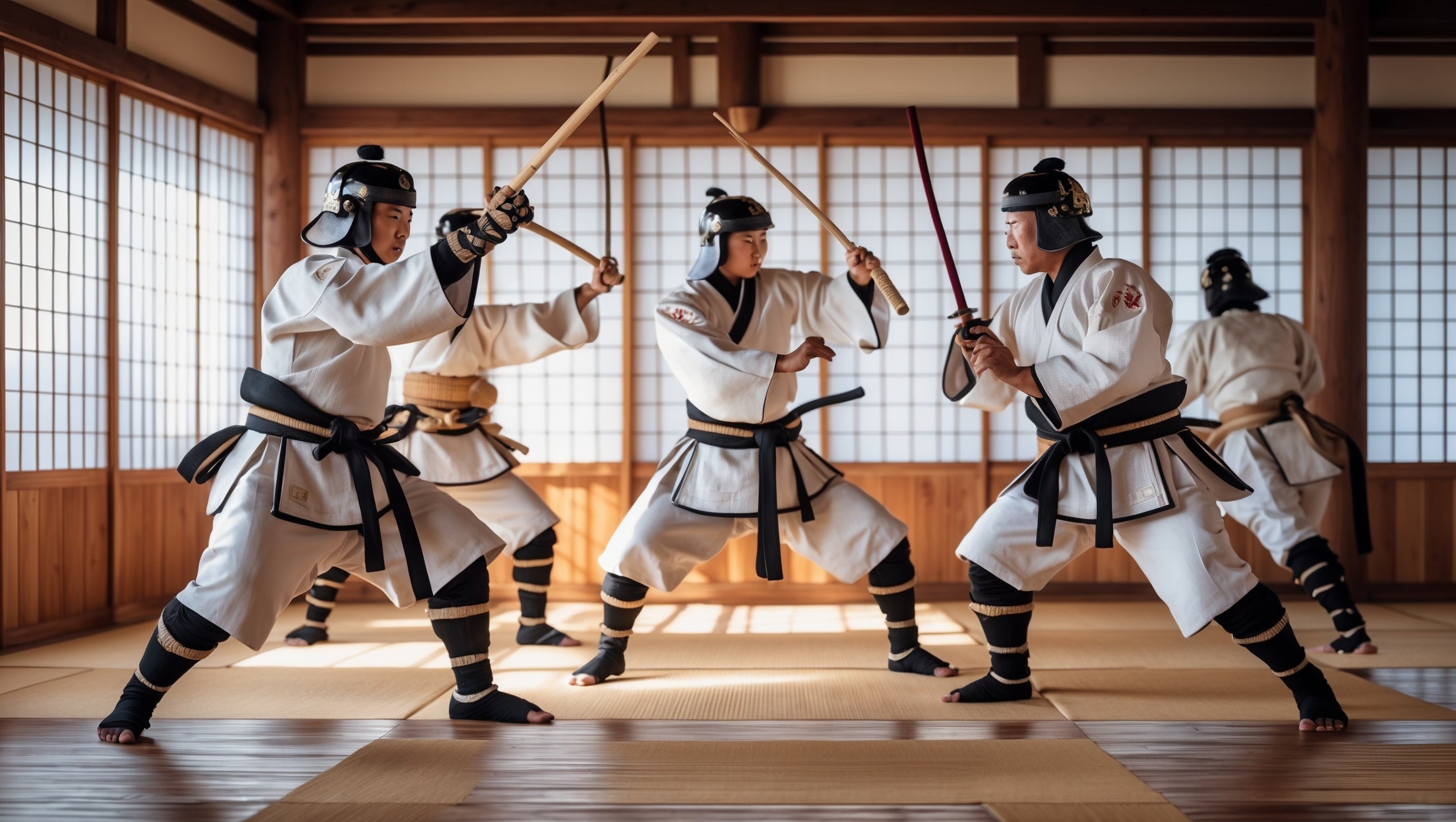 Martial artists practicing Kendo in traditional gear