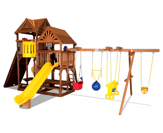 King Kong Clubhouse Quarter Turned Base Pkg Ii W Dual Picnic Tables Wood Roofs 90m