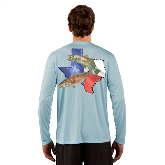 Striped Bass Fishing Shirts with Baitfish by Artist Randy McGovern Ice Blue / X-Large