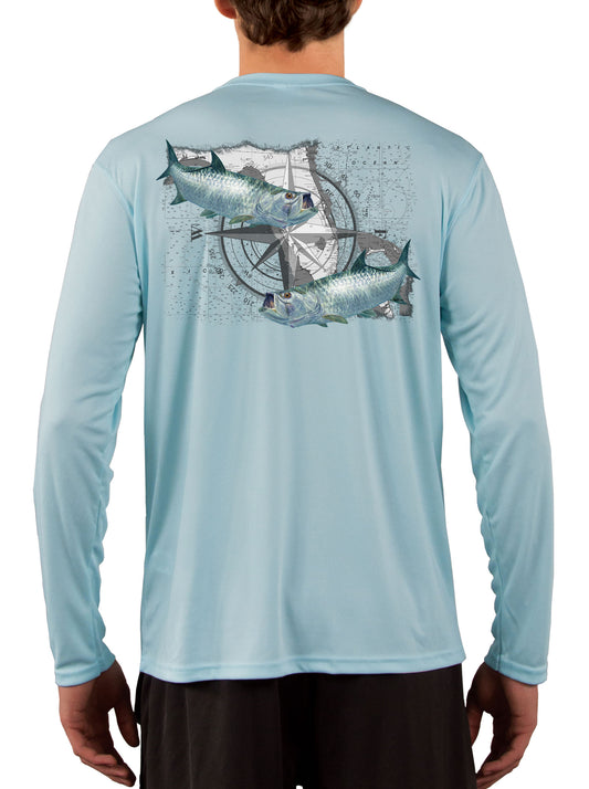 Tarpon Crab Compass Over Florida Map Long Sleeve Men's Fishing Shirt Medium / Seagrass