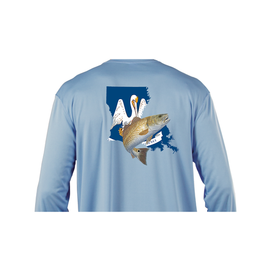 [New Artwork] Redfish Florida Fishing Shirt with Florida State Flag Sleeve Small / Pearl Gray