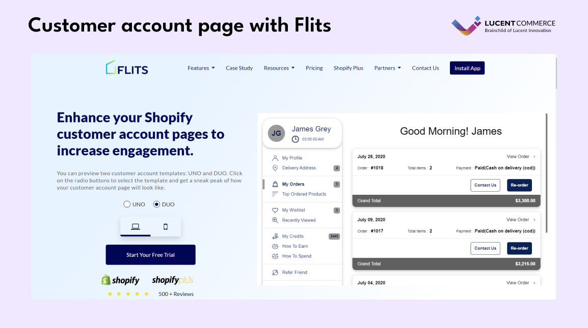 Customer account page with Flits screen shot
