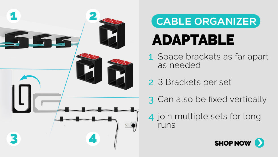 Panel 2: Adaptable cable organizer system, 3 brackets per set for ultimate adaptability