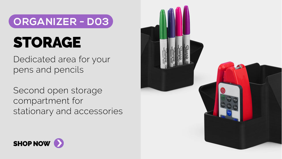 Panel 2: Two storage compartment, including a dedicated pens storage