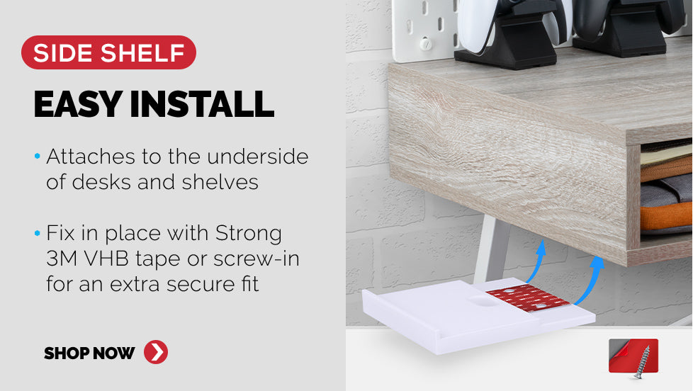 Shows how the side shelf easily install on the underside of desks and shelves