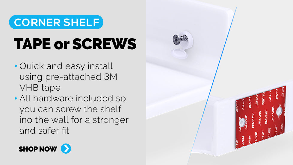 Panel3: Screw in or stick on, we provide two options to install your new corner shelf
