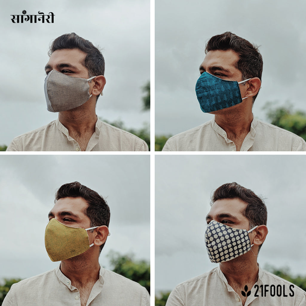 'Sanganeri' / Cotton Face Mask - Multi Design / Pack of 4 / Option 1