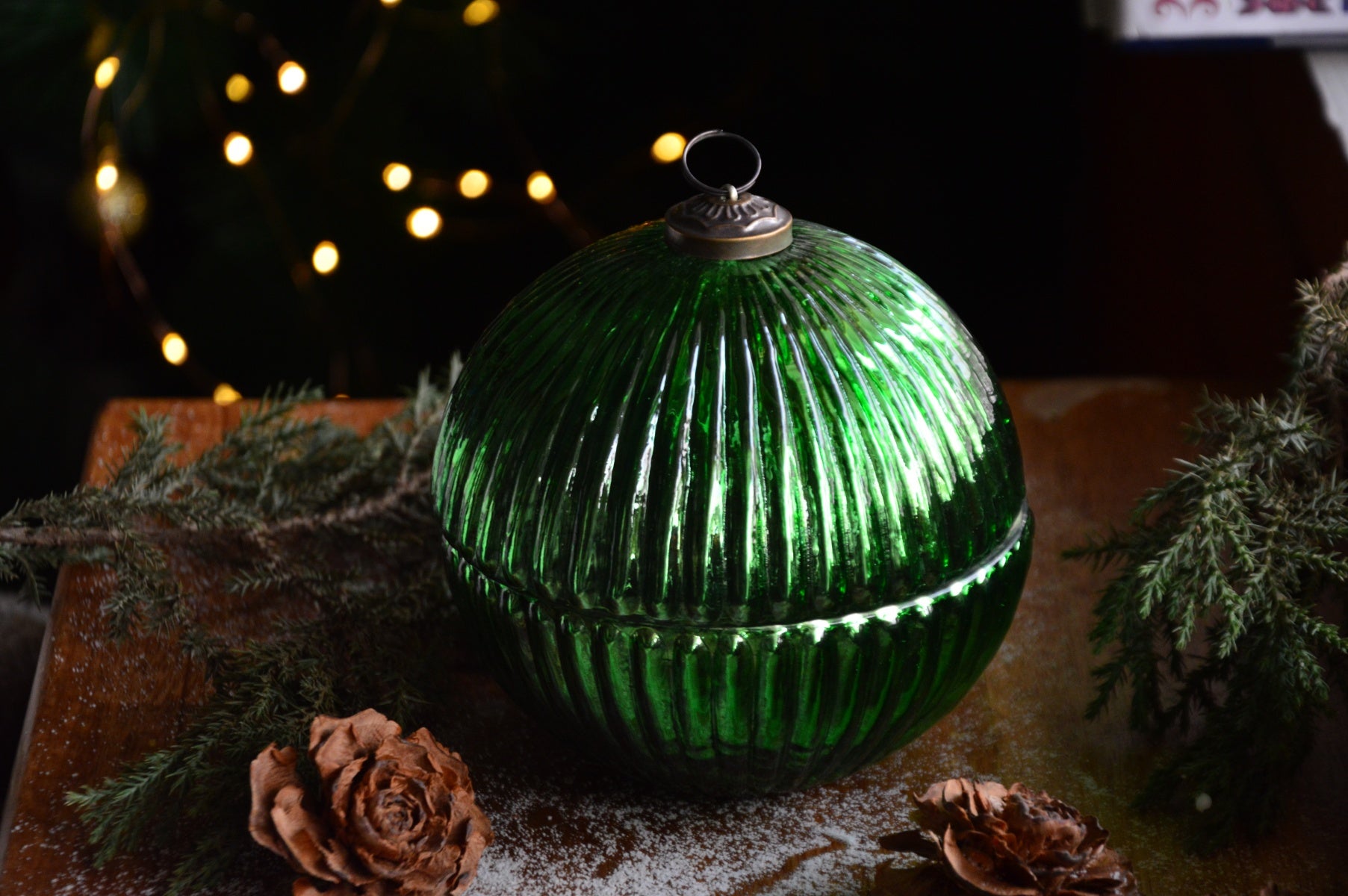 Green Christmas Ball Ornament Container Candle