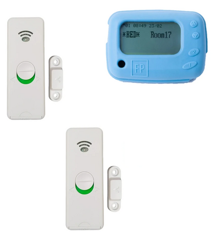 a door sensor, transmitter, relay, and a blue pager device