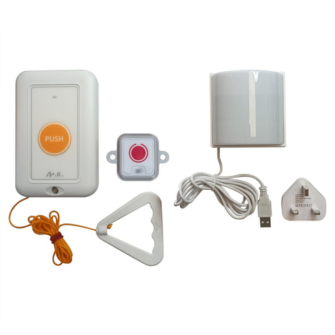 a toilet alarm with an emergency button and pulling cord