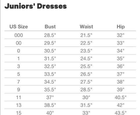 Juniors Dress Size Chart | Junior Dresses