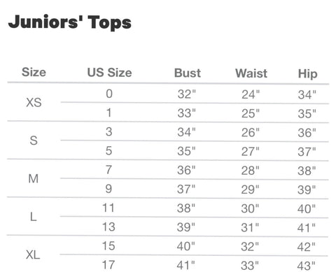 Juniors Size Chart, Womens to Juniors Size Chart