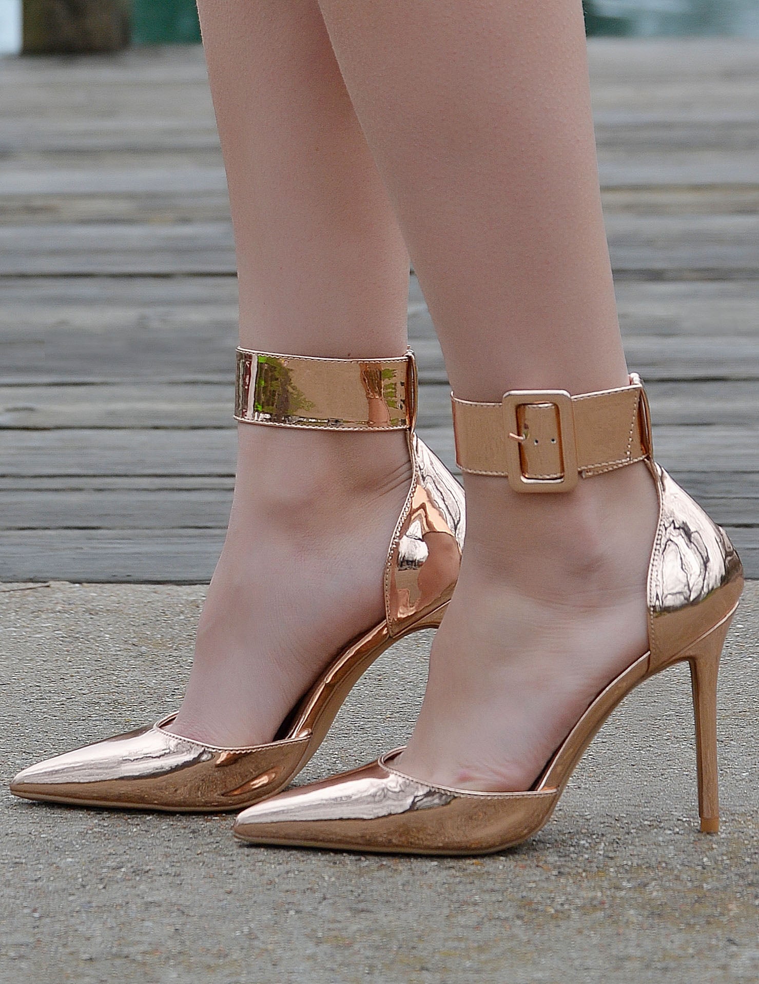 Women's Rose Gold Pointy Toe Heels Ankle Strap